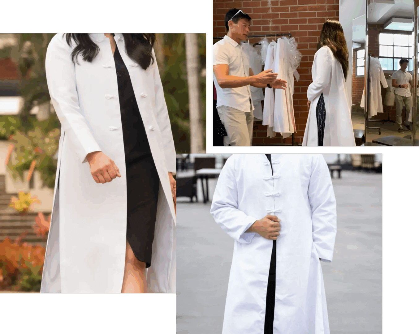 People wearing stylish white trench coats.